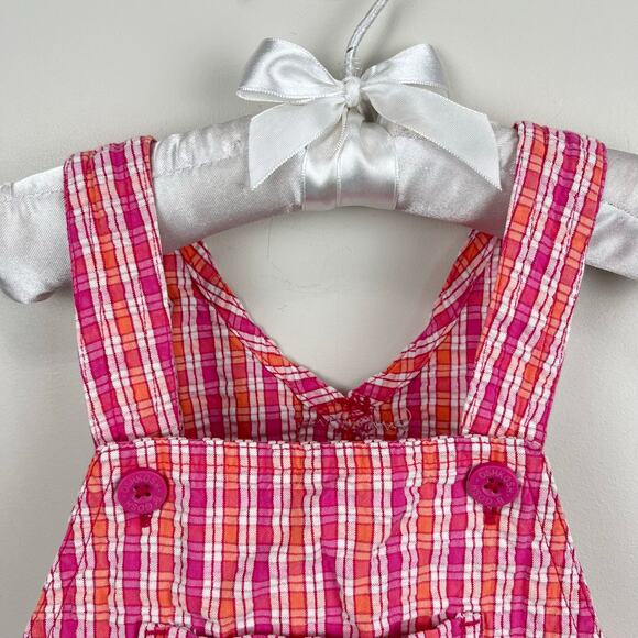 Vintage OshKosh B'gosh Pink Orange Plaid Flower Shortall 2T - Picture 2 of 9